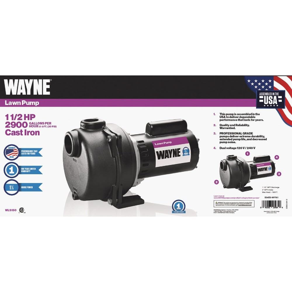 WAYNE WLS150 1.5 HP Cast Iron Lawn Sprinkling Pump, 2950 GPH