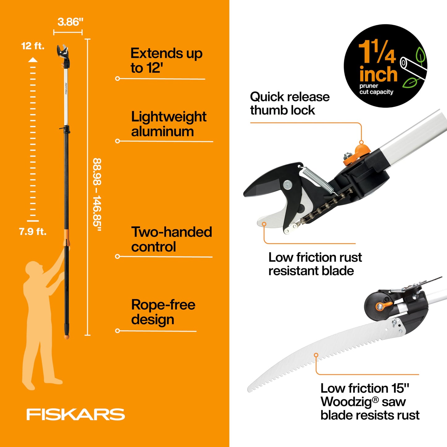 Fiskars 2-in-1 Extendable Pole Saw & Tree Pruner, 7.9–12 Ft Reach