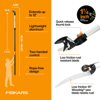 Fiskars 2-in-1 Extendable Pole Saw & Tree Pruner, 7.9–12 Ft Reach