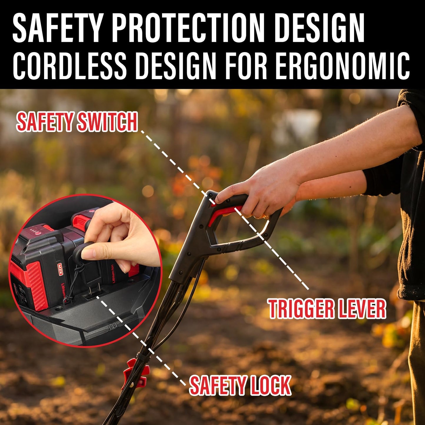 MZK 40V Cordless Garden Tiller Cultivator – 14" Width, 8.6" Depth