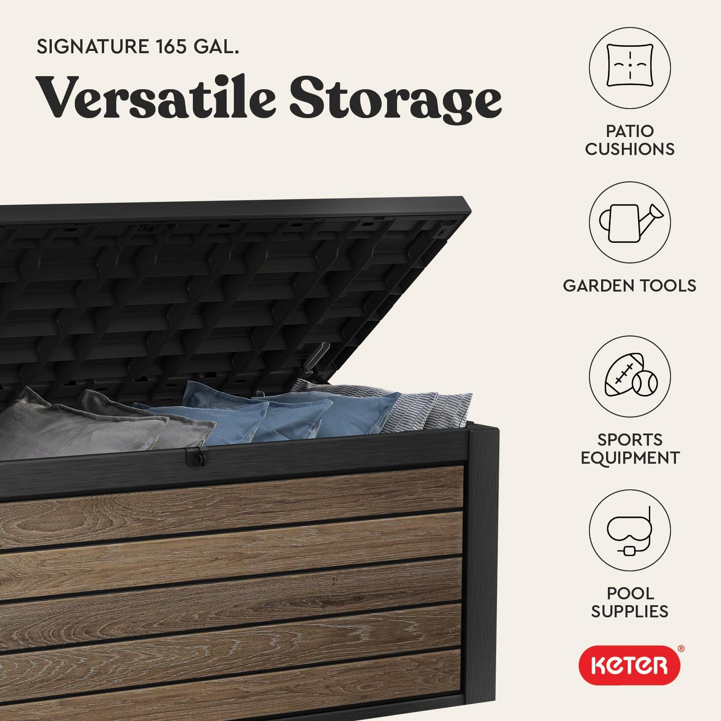 Keter Signature 165-Gallon Resin Outdoor Deck Storage Box – Walnut