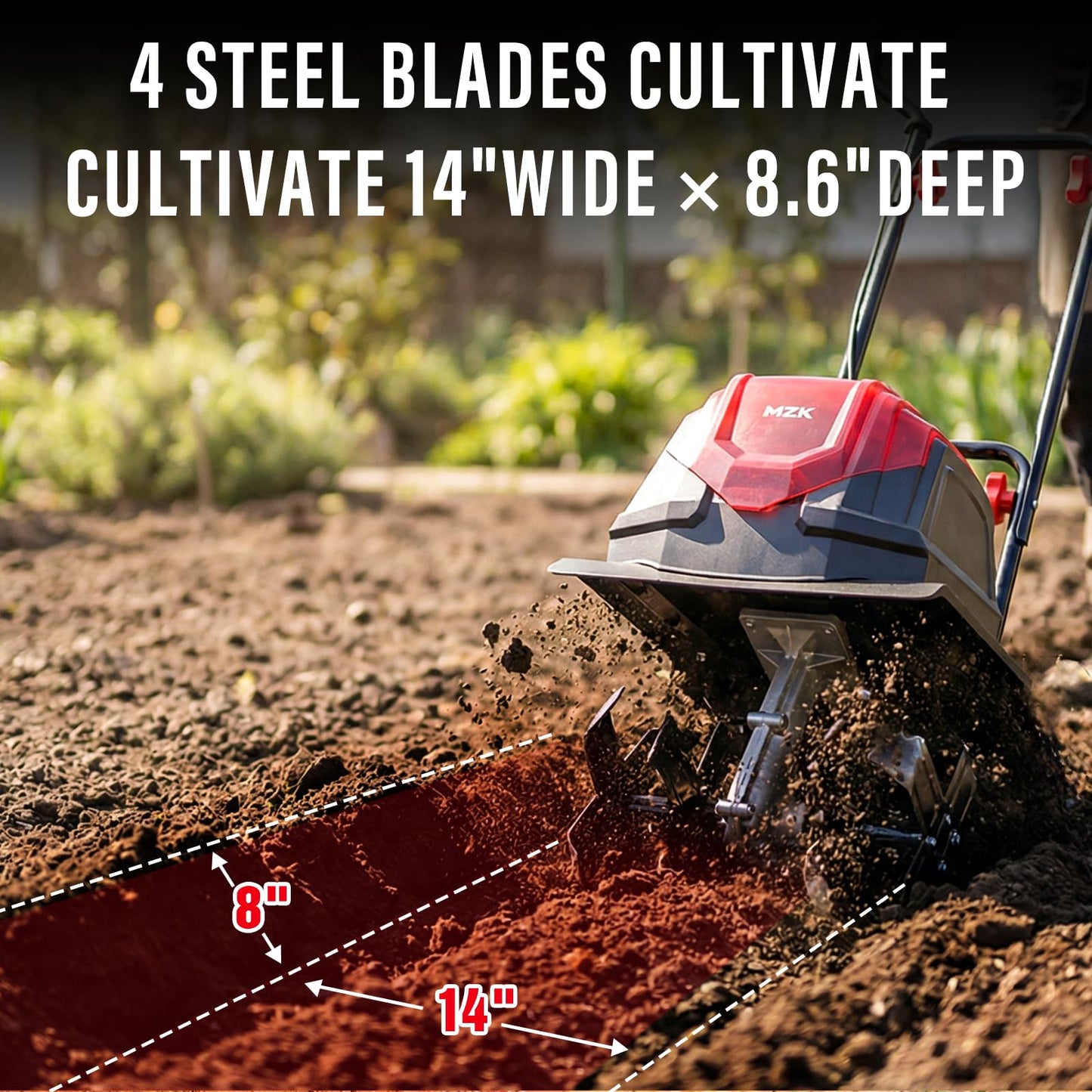 MZK 40V Cordless Garden Tiller Cultivator – 14" Width, 8.6" Depth