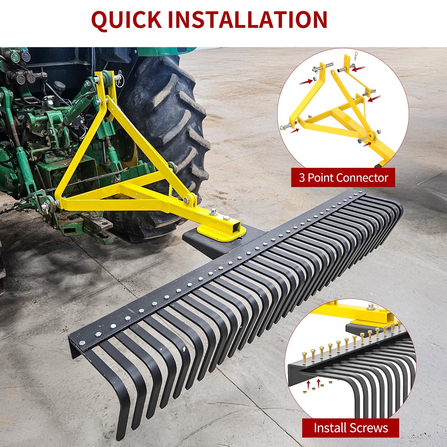 YITAMOTOR 5 FT 3-Point Landscape Rock Rake for CAT 1 Tractors