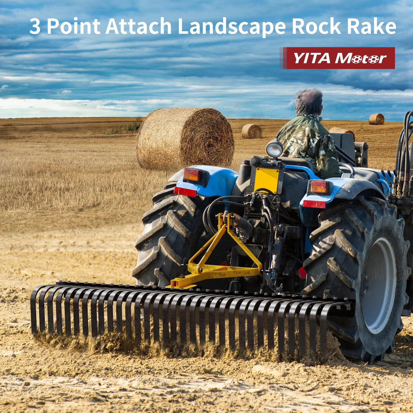 YITAMOTOR 5 FT 3-Point Landscape Rock Rake for CAT 1 Tractors